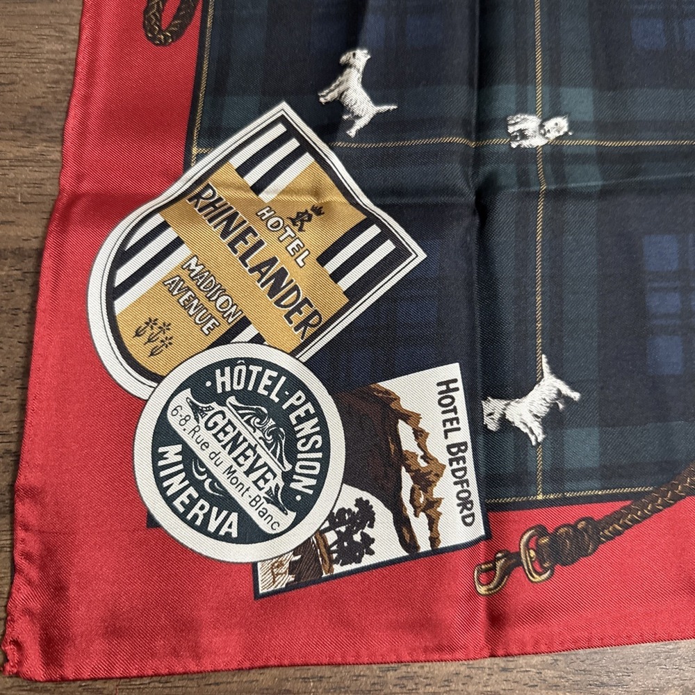 VTG Ralph Lauren Silk Scarf Terrier Dog Plaid Scottie Travel Theme Hotel 21" - Picture 3 of 9